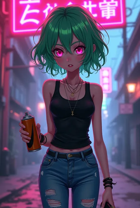 (Slim anime girl wearing a hat and mask) thin face, holding a spray can, pink eyes, green messy hair, beautiful eyes, beautiful hair, Neon pink and blue street background, (Black Tank Top, Distressed Jeans) bad boy