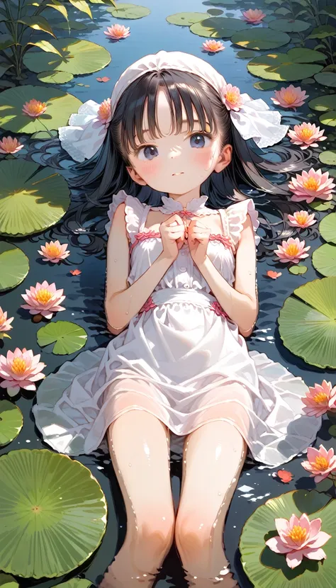 There is a girl sitting on a leaf, (white  clothes), fresh color scheme, theres a stuffed toy, Guvez style art, Popular na cgstation, illustrated by Li Song, anime suave, lying on a water lily pad, sitting on a lotus flower, cute digital art e meticulosa, ...