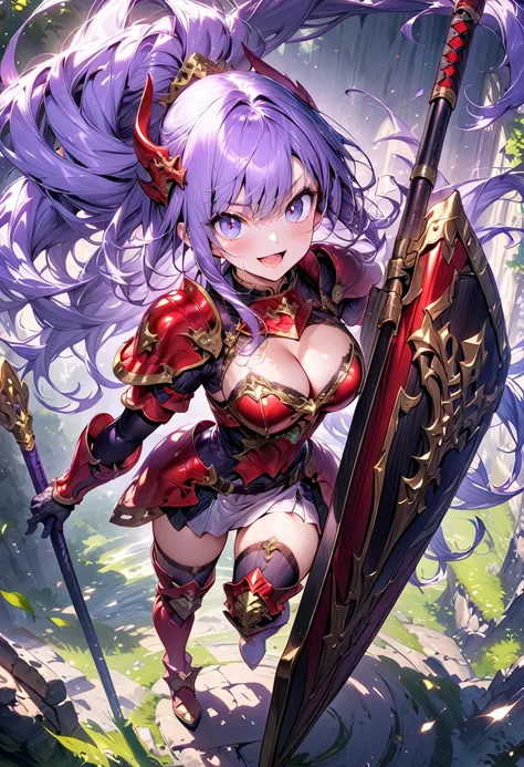 (masterpiece),(best quality),(ultra-detailed),(best illustration),(best shadow),(absurdres),(detailed background),(very aesthetic),1girl, solo, purple-hair, long-hair, shield, breasts, weapon, armor, cleavage, large-breasts, polearm, helmet, open-mouth, sm...