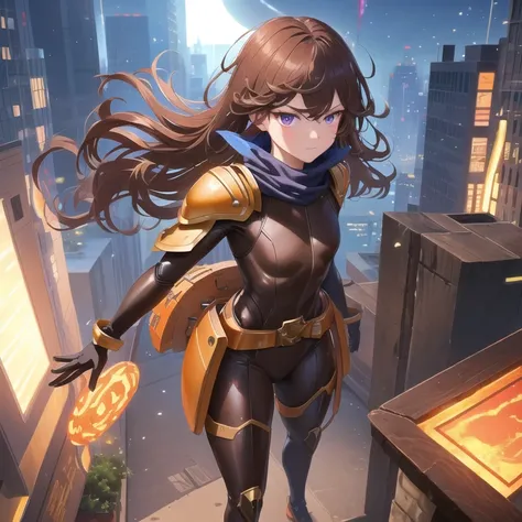 Masterpiece, Best Quality, Ultra Detailed, Illustration, Epic Lighting, Cinematic Composition, 1 Girl, Full Body, 20s, Young Adult, Purple Eyes, Brown Vintage Aviator Helmet, Spiked Helmet, Big Goggles, Long Blue Scarf, Wavy Brown Hair With A Bang, Brown C...