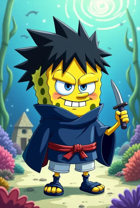 Draw me a picture of SpongeBob dressed as Sasuke