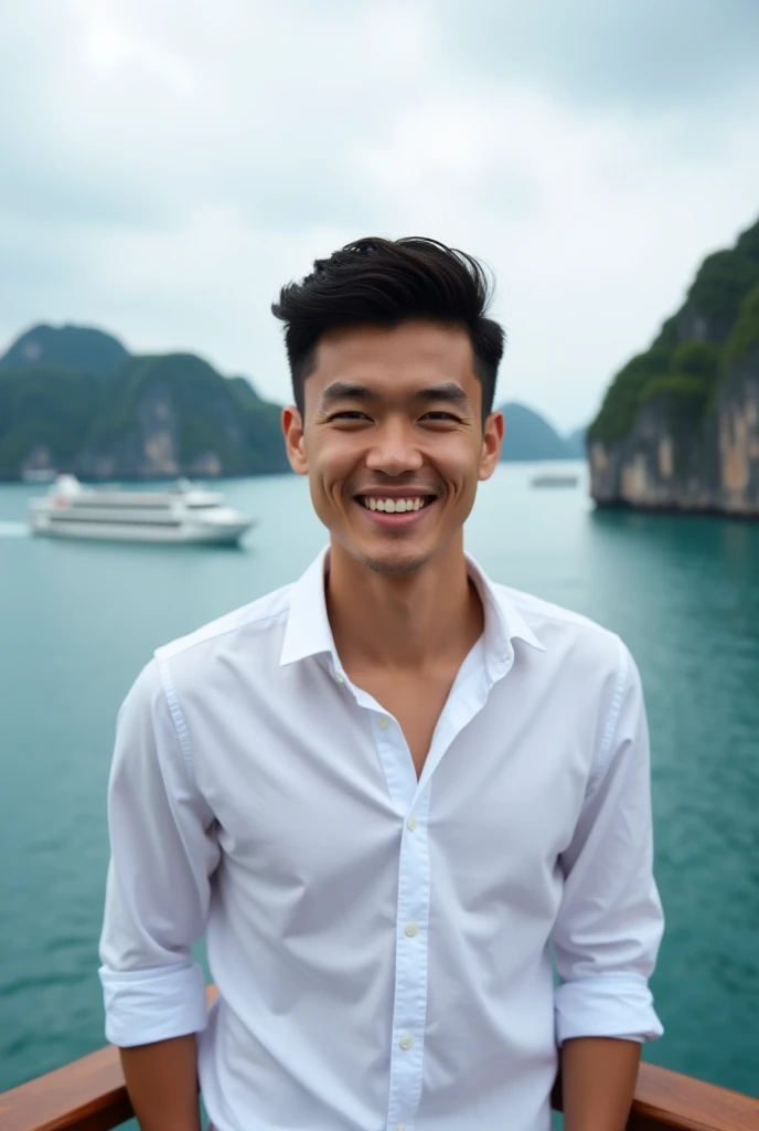 a handsome 20 year old Thai man wearing a white shirt standing on the balcony of a luxury cruise ship. with a smiling face facing the camera sitting ,. The background is a vast ocean with towering rocks and several other ships..