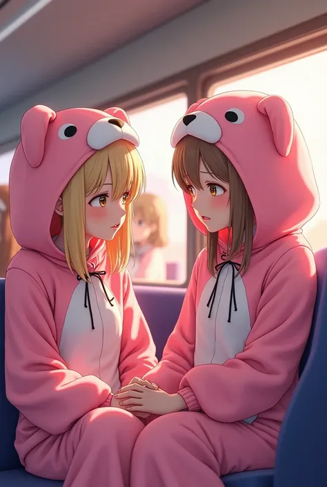 (photorealism:1.2), 12 beautiful school girls, wearing sexy Kigurumi costumes, European blonde and brunette straight hair, in a pink school bus,  chatting sadly, realistic, intricate details. realistic