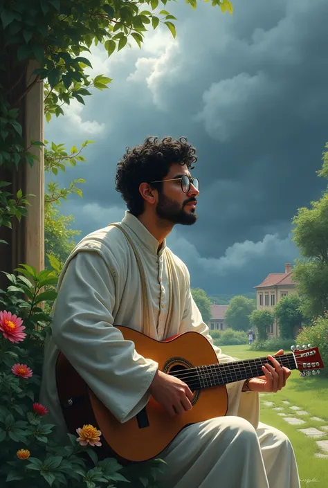 Young man , with beard , short curly black hair,  Eyeglasses ,  wearing a white medieval robe ,sitting in a garden holding a guitar looking out at the street as a storm brews.
