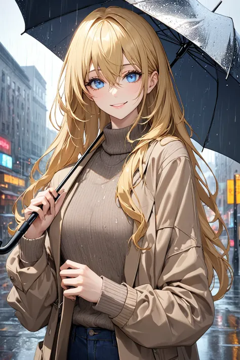  Long Hair, (blue eyes:1.3), Blonde, Hair between the eyes, smile,Mannish Fashion,
Long coat, skinny pants, jewelry,A transparent dark brown sweater, (Light brown sweater:1.2),
break  downtown,rain,
break looking at viewer, (Cowboy Shot),
break (masterpiec...