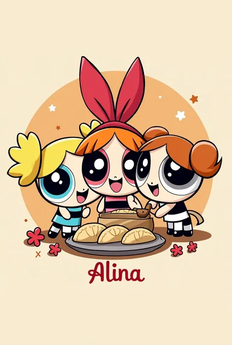 Logo for named Cafe Alina which should include Powerpuff girls eating dumpling 