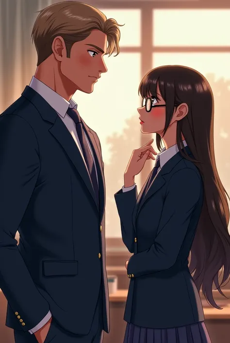 Tall boy, with coarse texture, very strong, gentle, Brown blonde hair in a navy blue stylish school uniform is locked in a classroom with a girl, brunette skin tone, brown skin , latina, very long hair, dark brown straight hair with glasses, elegant navy b...