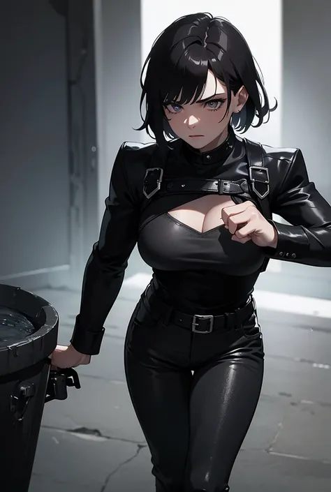 muscular woman with short dark hair, dark eyes, tired expression, long dark gray pants, black leather harness over black long sleeve shirt, black military boots, incada sonrojada abriendo la boca, realistic, photorealistic, photo-realistic:1.37, best quali...