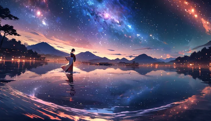 Angelic, Super detailed, Starry sky, nebula, horizon, Reflective water surface, Japanese scenery，Kimono Beauty，