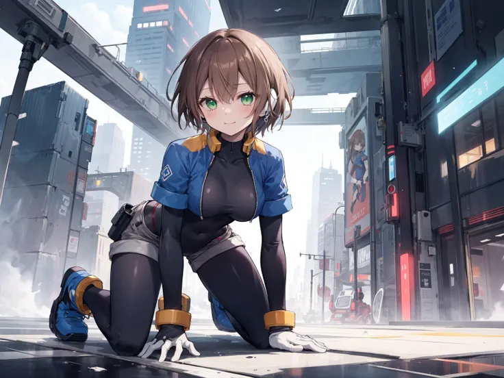 aile_megamanzx, kneeling with hands on the ground and , 1girl, solo, short hair, brown hair, short sleeves, (bodysuit), robot ea...