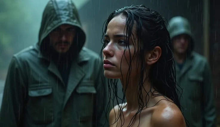 4k woman, crying woman kneels, she is getting wet from the rain. long wet hair, wet face, wet body. behind some men, blurred background 4k realistic image