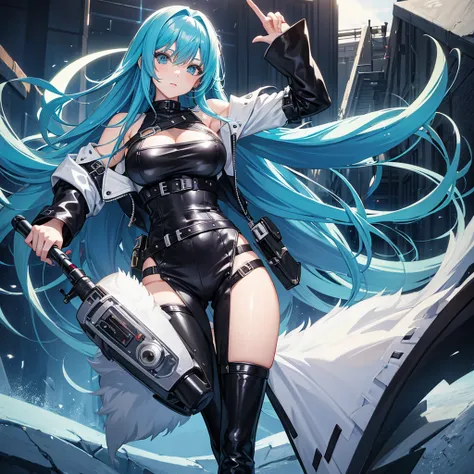 rocker girl with long blue hair, big boobs, leather outfit, anime styling, currents spread throughout the body