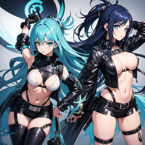 rocker girl with long blue hair, big boobs, leather outfit, anime styling, currents spread throughout the body