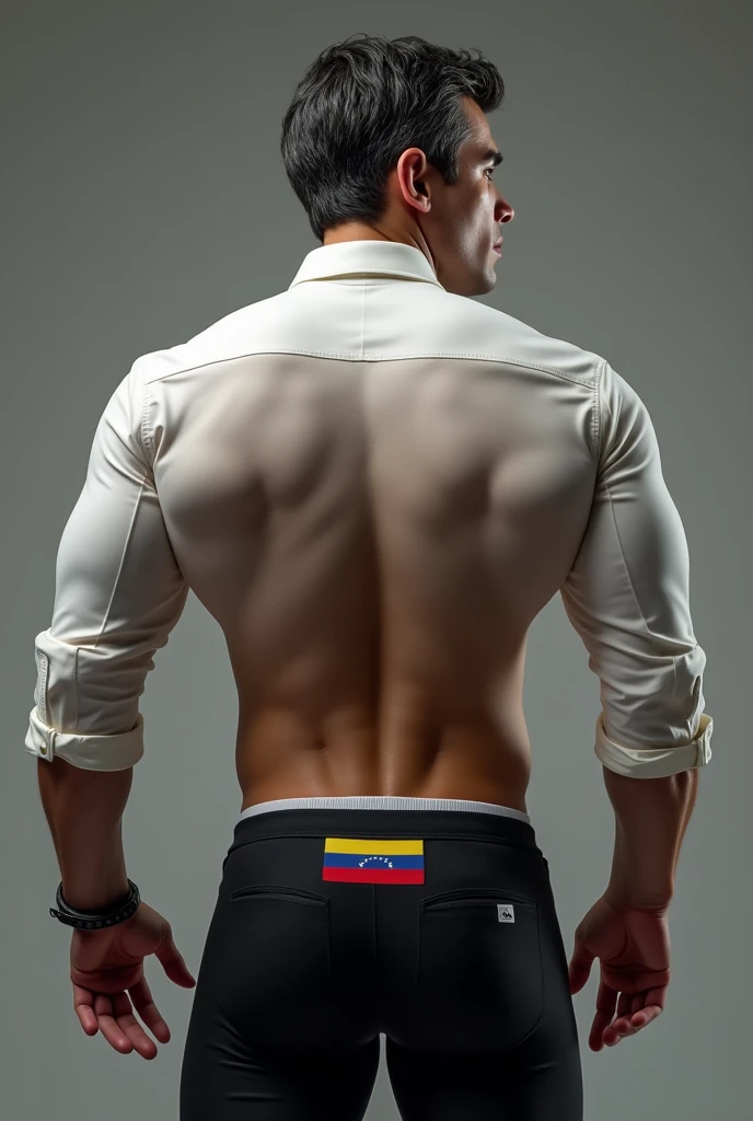 Best Quality,(an old man who is president of Venezuela,(He is handsome and attractive,Muscular and very thin and big butt, 50 years old, hair and black with gray) (tight clothing with white shirt with long sleeves and black pants) (back view) (The presiden...