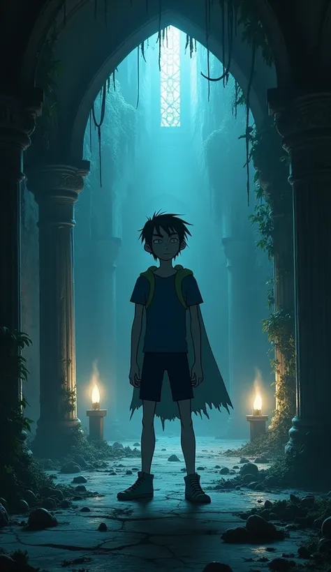 Play Finn from the Adventure Time cartoon in a dark fantasy style in an abandoned and dark castle lit by white candles. 