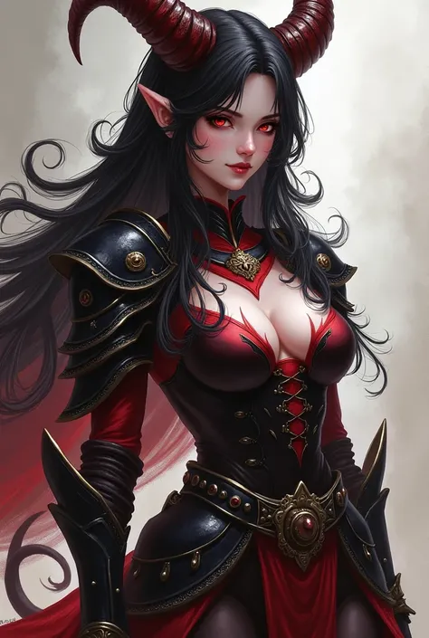 1girl, tiefling, medium breasts, red eyes, long black hair, horns, tail, armored, hyper detailed, highly detailed