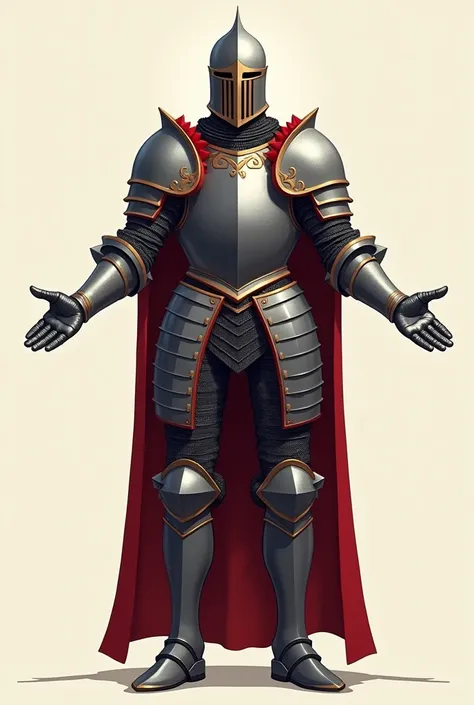 generate a flat image of a simple character with open arms and medieval armor with small red details, manage it head on.