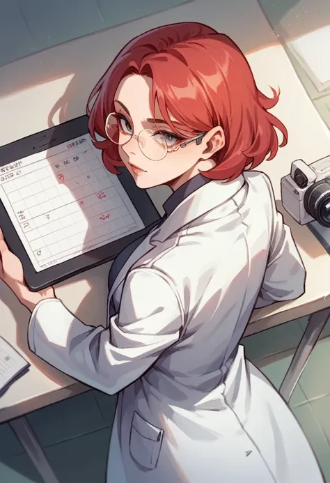 Back portrait, solo, human, woman scientist, 25-years-old, red hair, round glasses, white labcoat, holding a tablet with notes, high-angle view, camera behind woman, containment zone background