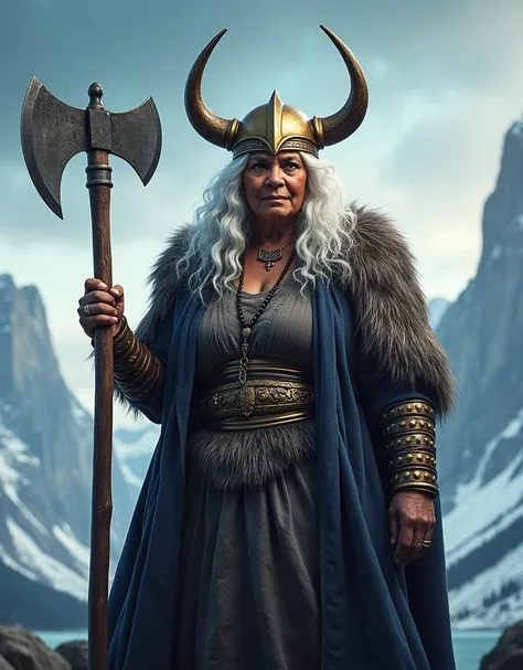 Movie poster for a movie called Madeas Valhullur. Madea is holding a Viking axe and wearing a horned Viking helmet. Shes played by Tyler Perry wearing a white wig and make up to look like an older woman.