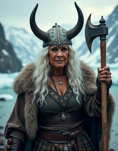 Movie poster for a movie called Madeas Valhullur. Madea is holding a Viking axe and wearing a horned Viking helmet. Shes played by Tyler Perry wearing a white wig and make up to look like an older woman.