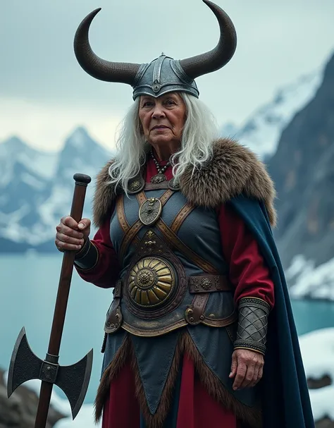 Movie poster for a movie called Madeas Valhullur. Madea is holding a Viking axe and wearing a horned Viking helmet. Shes played by Tyler Perry wearing a white wig and make up to look like an older woman.