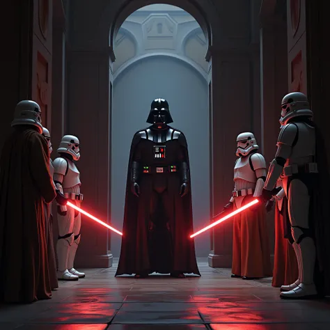 ((best quality)), ((masterpiece)), (detailed), darth vader standing in the doorway of the jedi chambers, 2 jedi masters facing him, 2 imperial troops standing next him.

