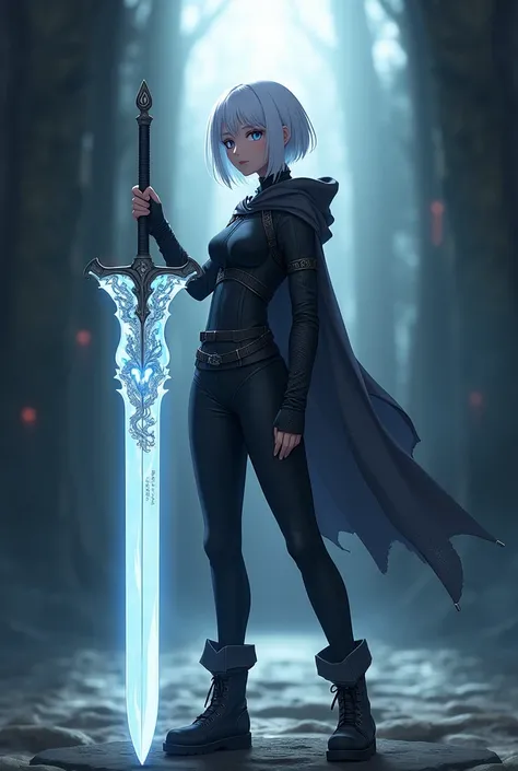 Create a female character with short white hair wearing a dark uniform and dark pants with boots, in his hand a white sword with a dragon design, anime art with highlighted background and luminous design