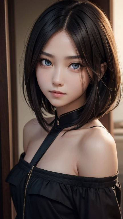 a girl who has short, beautiful shoulder-length hair and eyes that have the impression of a sharp gaze and has a cheeky and indifferent facial gesture