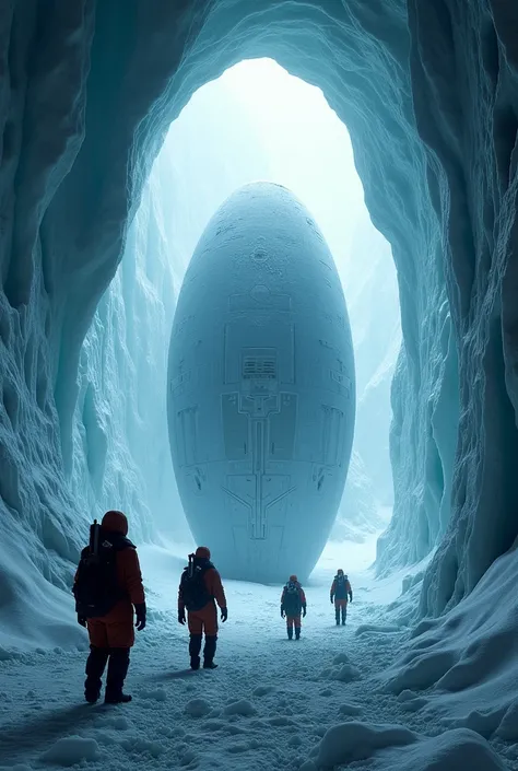 Some scientists discover an alien ship, the ship is oval-shaped, under an ice crater and they are trapped in an ice cave. 