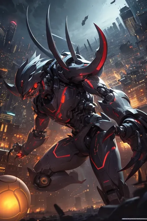 Masterpiece, Best Quality, Ultra Detailed, Illustration, Epic Lighting, Cinematic Composition, City Background, Looking At Viewer, Anime, Ball Shaped Robot With Claw Arms In Background, Ball Shape