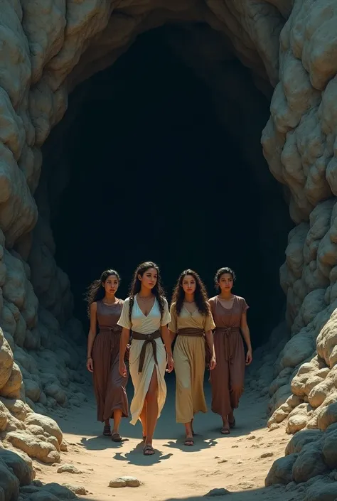 Four women entering a cave