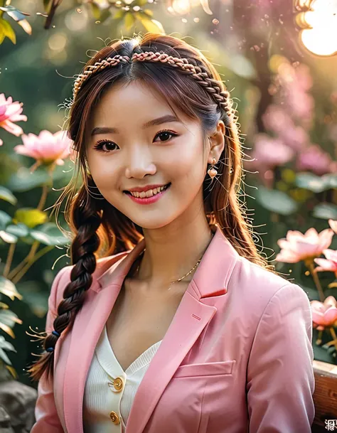 A beautiful korean woman,straight hair down with a tiny braid up, hairstyle beauty dress wearing pink blazer and top, smile bright, Soft lighting, Tranquil atmosphere, masterpiece, Reality, 8K, high qualityMasterpiece