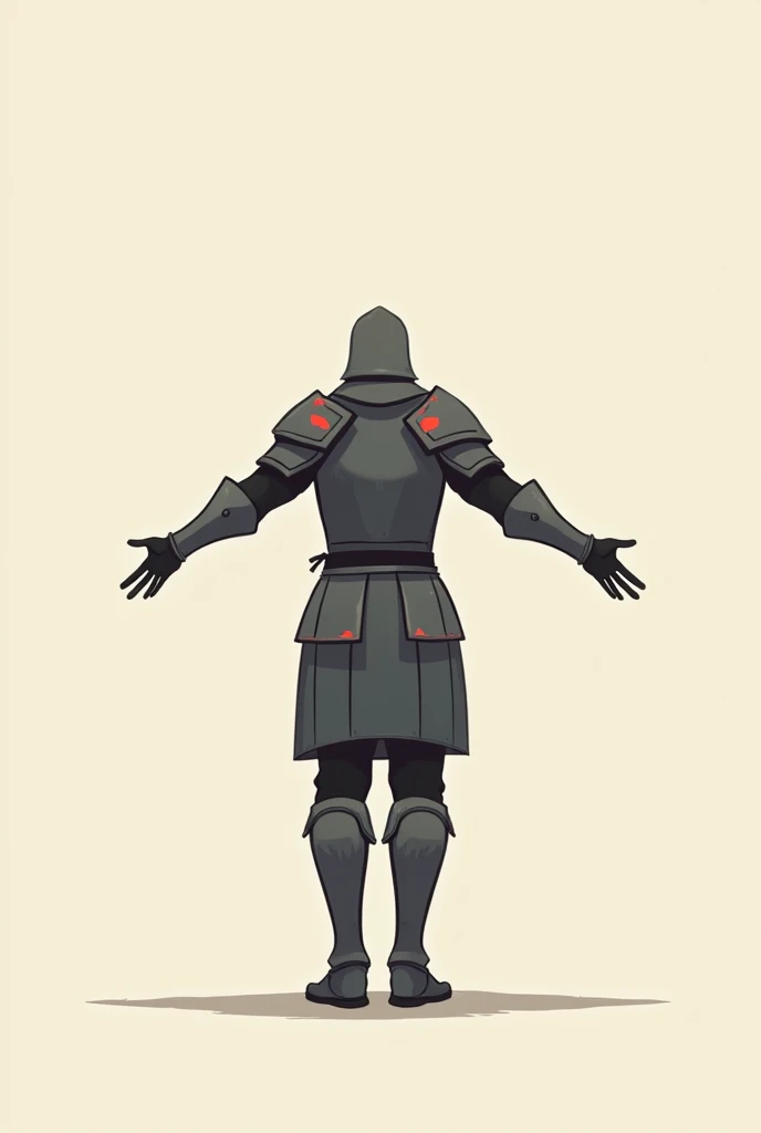 generate a flat image of an extremely simple character with his back turned and arms open and wearing medieval armor with small red details, manage it head on.