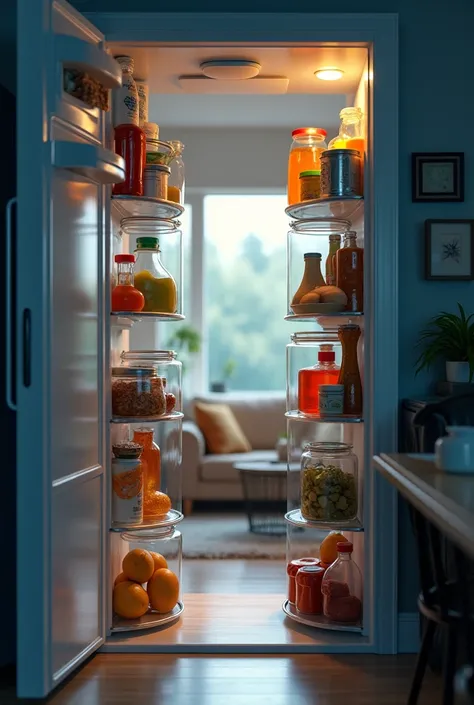 Perspective from inside the open refrigerator looking towards the living room