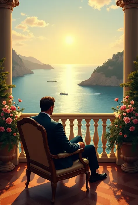 Generate a picture about a man in fancy clothes sitting on a Chair in the balcony of his house with view to the sea