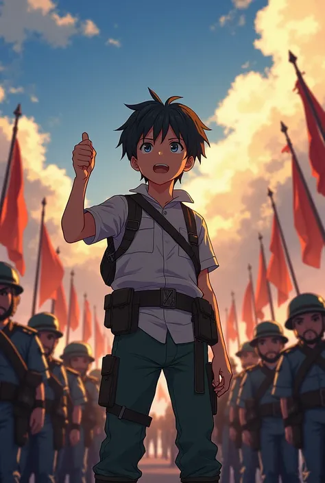 anime character, young, giving motivation to other people in a war 