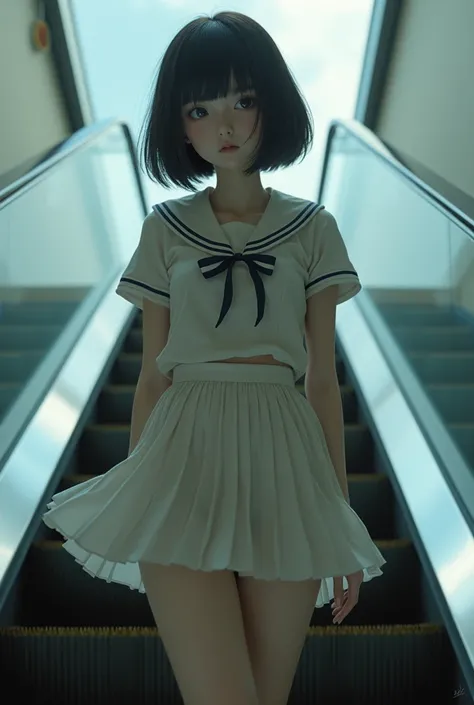 highest quality, Ultra-high resolution, masterpiece, 8k, Clear photo, RAW Photo, escalator, Whole Body Ezbian:1.2, A 1 girl in an elaborate sailor suit and pleated skirt:1.8、Very cute Japanese girl, Bobcut,   lift up short pleated skirt:1.4, Taken from the...