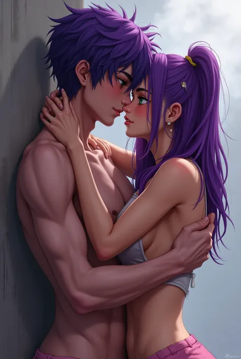 a naked purple haired green eyed teenage girl female holding a boy against the wall hugging and kissing the naked purple haired purple eyed teenage boy male