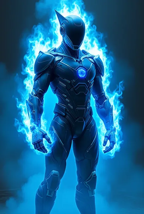 Man cyborg costume in blue fire blue gesse helmet