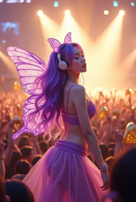 Mulher borboleta de cabelo roxo coreana com fone de ouvido e sai rosa e cropped roxo 💜 e rosa 
prompt: box in a packed arena at a pop concert, yellow and golden lights, fans with golden banners and accessories in the stands long hair with realistic pigtail...