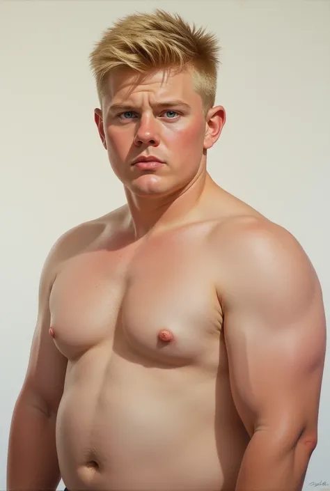 1 boy, blond with very short machine-cut hair, blue eyes, chubby stocky body and slightly large belly, shaved body hair, realistic oil on linen, realistic portrait en studio, very detailed portrait, ultra realistic portrait, detailed color portrait, portra...