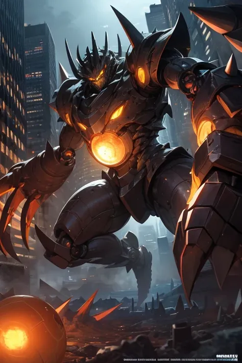 Masterpiece, best quality, ultra detailed, illustration, epic lighting, cinematic composition, ball shaped robot, with claws, ball shape, round robot, angry expression, spikes on top, yellow eyes, city background, long arms, small feet, looking at viewer, ...