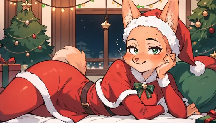 diane foxington, high quality, 2d, masterpiece, ginger fur, emerald eyes, santa dress, santa pants, santa hat, blush, looks at v...