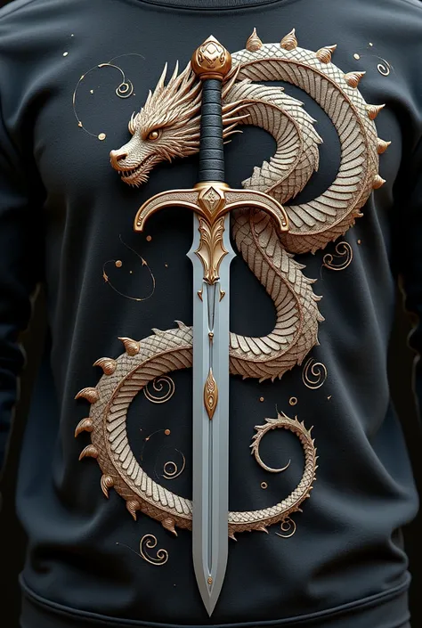 A sweatshirt with a sword and a coiled dragon 
