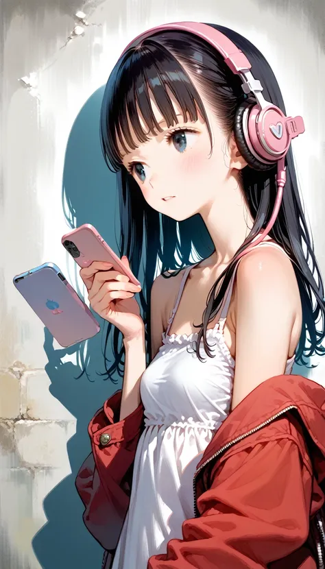 anime girl with headphones and a backpack looking at a cell phone, anime styling 4 k, alice x. zhang, digital anime art, nightco...