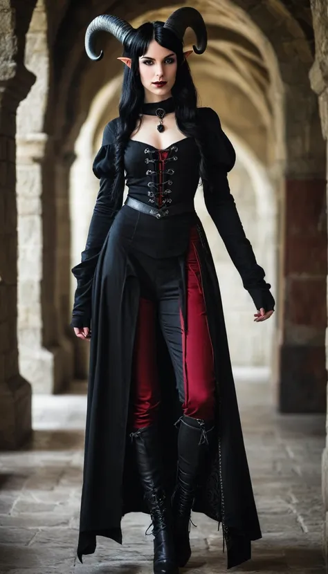 slender tiefling girl with black hair. full length. tight fitting medieval style clothing.