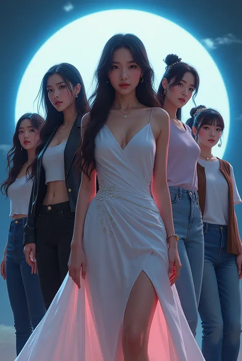 Korean Girls - **lina:** At the center, com uma postura confiante, looking directly at the camera. She wears a long dress with shiny details that catch the light.. Your hair is loose and wavy, forming a halo around it.
- **Soojin:** À esquerda de lina, In ...