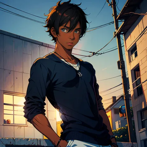  a teenage male character named Caleb Smith. he has dark skin, reflecting his mixed Brazilian and American heritage. your hair is short, slightly messy and dark brown. Caleb&#39;s eyes are light brown, full of a curious and mischievous expression. The char...