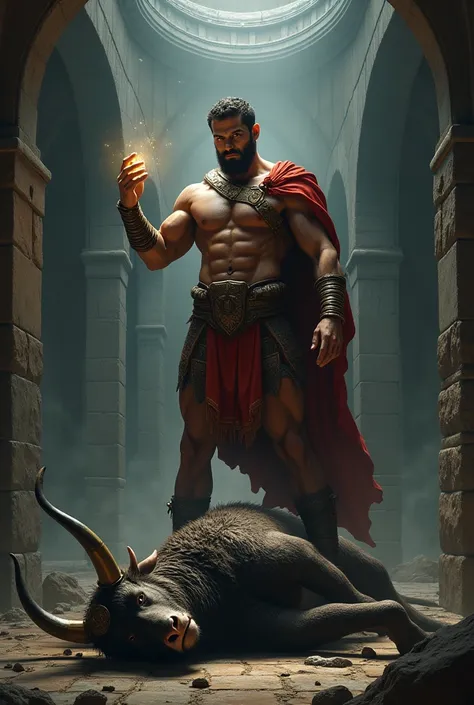 Give me a photo where Theseus stands victorious with the thread in his hand and the dead minotaur behind him
