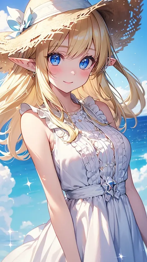 16K、masterpiece、High resolution、High resolution、((Young Elven Woman))、((Beautiful white skin))、((Beautiful blonde))、((Sparkling Blue Eyes))、((Pointy Ears))、Smiling Kindly、blush、Sleeveless white shirt、Wear a straw hat、Clear blue sky、look at me、((Upper body ...